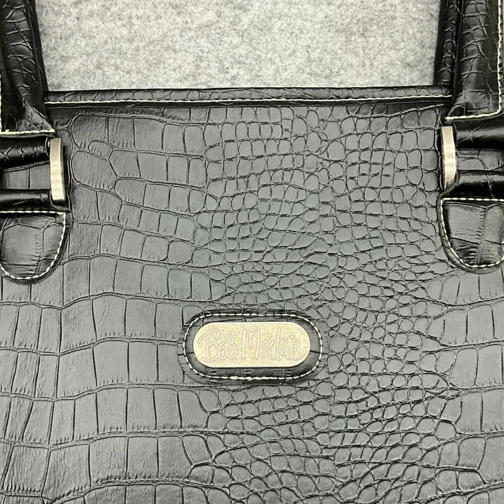 Bob Mackie Large Black Croc Print Vegan Faux Leather Top Handle Tote Bag Purse